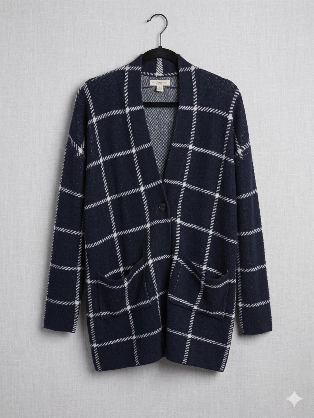 Bass Navy Windowpane Cardigan